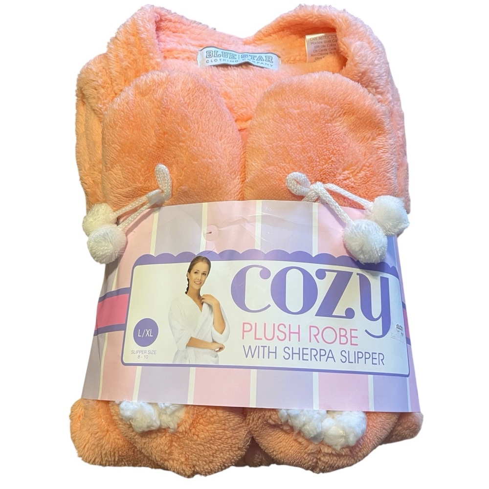 Cozy Plush Robe with Sherpa Slippers - Peach